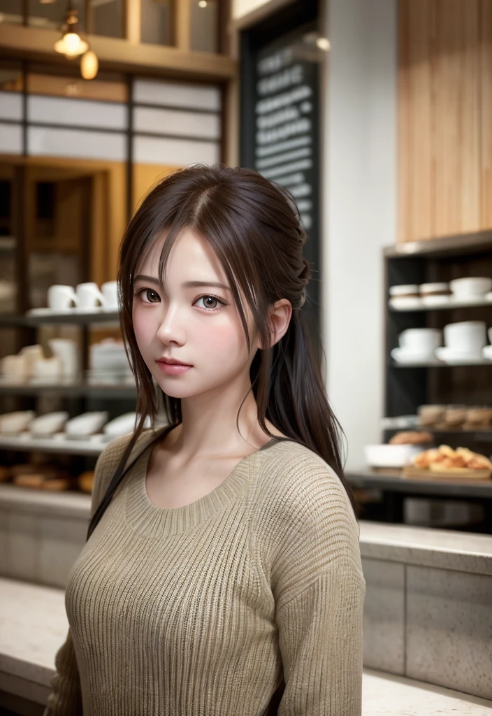 8K, of the highest quality, masutepiece:1.2), (Realistic, Photorealsitic:1.37), of the highest quality, masutepiece, Beautiful young woman, Pensive expression, Thoughtful look, Cafe clerk、Hair tied back, Cinematic background, Light skin tone
