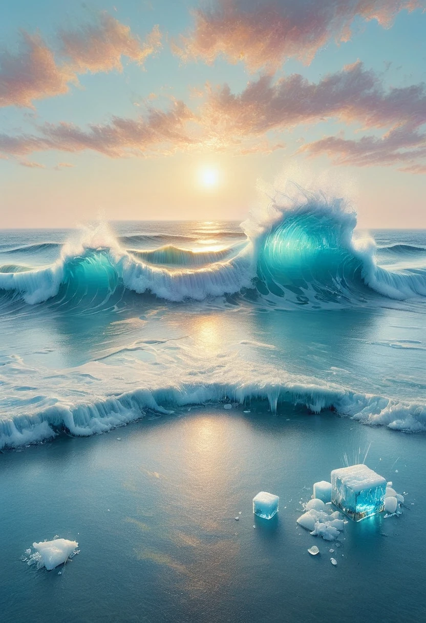 An oil painting:(((sunrise,Ocean,horizon,peaceful))),(Ice cubes里的红色玫瑰:1.37),Ice cubes,Frozen Rose,Refracted Light