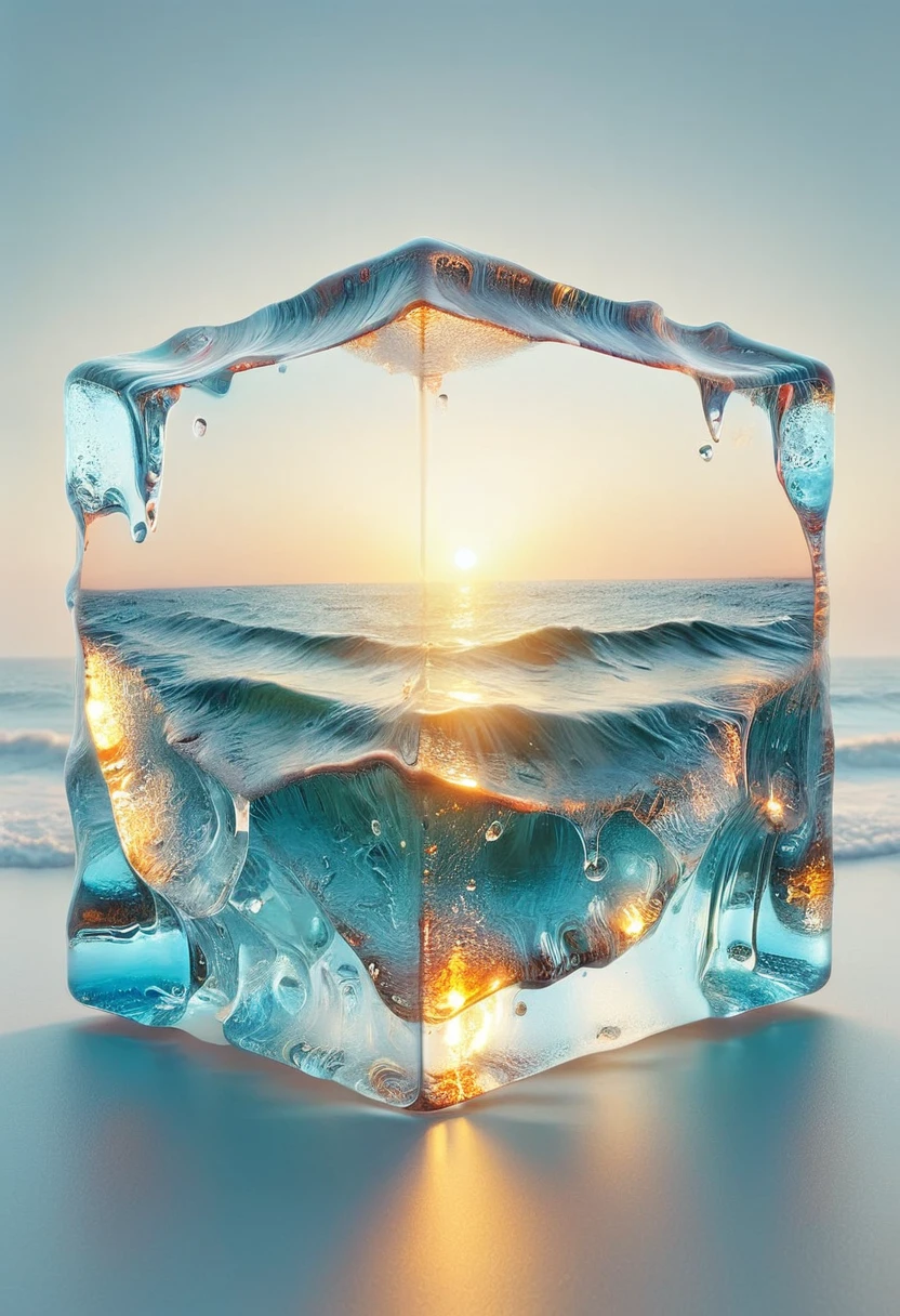 An oil painting:(((sunrise,Ocean,horizon,peaceful))),(Ice cubes里的红色玫瑰:1.37),Ice cubes,Frozen Rose,Refracted Light