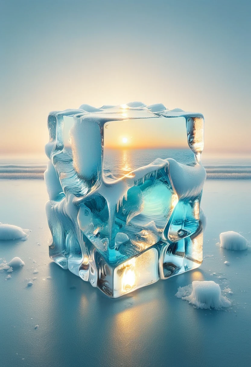 An oil painting：(((sunrise，Ocean，horizon，peaceful)))，(Ice cubes里的红色玫瑰：1.37)，Ice cubes，Frozen Rose，Refracted Light