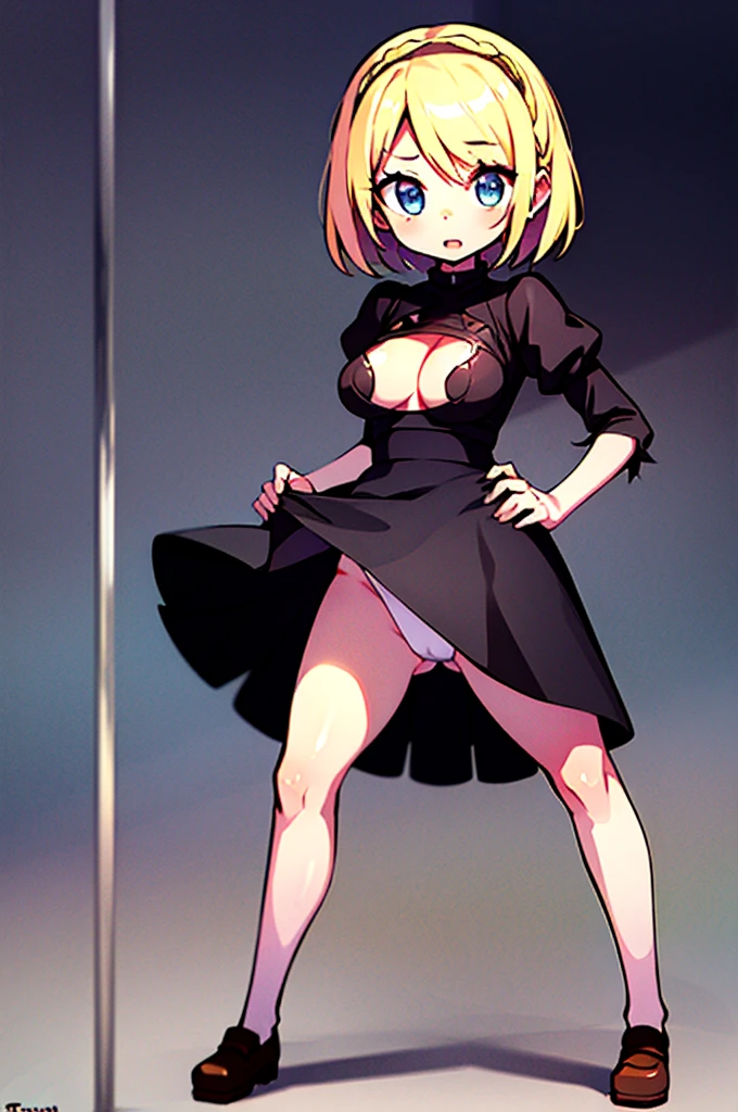 1 girl, masterpiece,bright, girl standing in class,full length, in office skirt,sitting on his knees, slender legs, short hair braided, blonde hair, Large thighs, Beautiful face, tits out, hand on hip, short stature, the girl raises her legs and her panties are visible