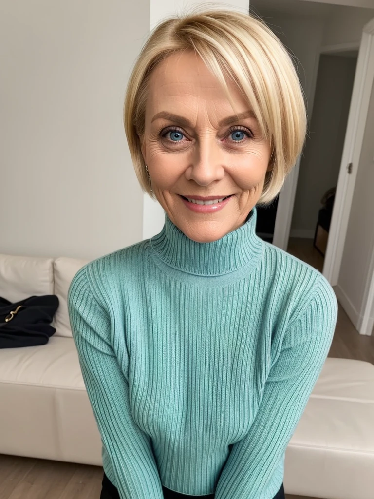 photo of a slutty horny blonde mature submissive wife with big bulging beautiful eyes, very short hair, She wears: (turtleneck high ribbed bright tight sweater:1.1), sexy old lady next door neighbour who wants me bad, excited and overjoyed