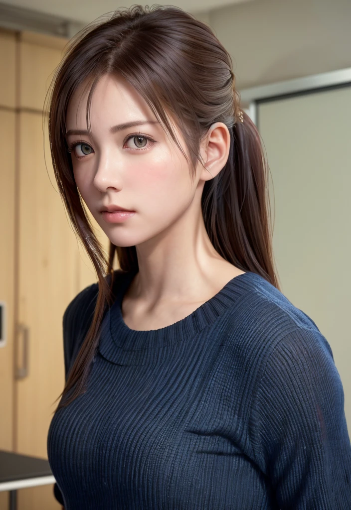 8K, of the highest quality, masutepiece:1.2), (Realistic, Photorealsitic:1.37), of the highest quality, masutepiece, Beautiful young woman, Pensive expression, Thoughtful look, female doctor teacher, Hair tied back, Messy mood, Cinematic background, Tired, Light skin tone