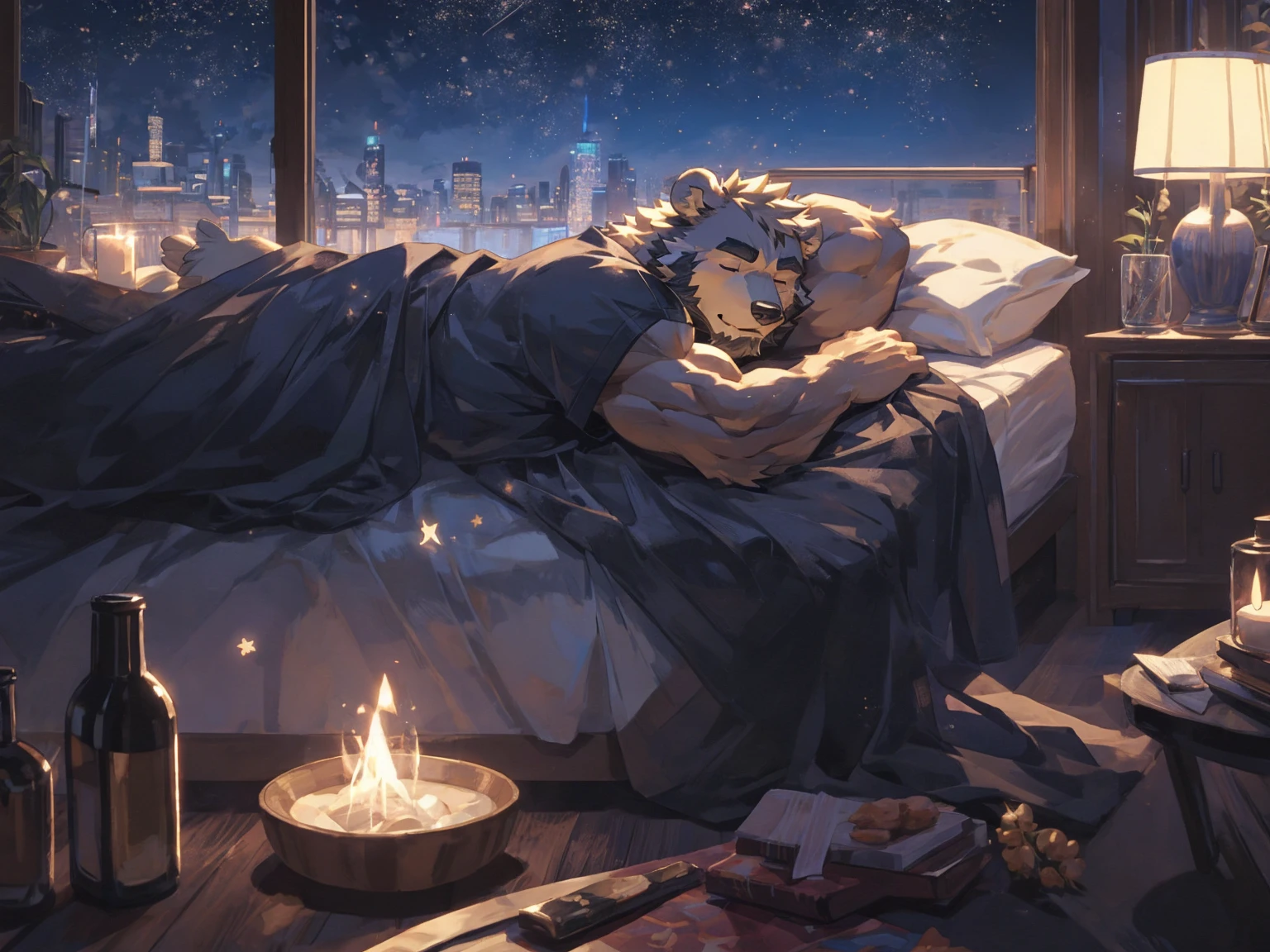 (masterpiece:1.2), best quality,pixiv,official art,perfect anatomy, (Ray tracing, light),solo, (1_male:1.3) , (muscle), (grey fur:1.4), (muscle bear), (beard:1.2), (gleaming golden eyes), bear tail, Thick black eyebrows,(black bathrobe), (naked inside), jeans, barefoot, A skyline at night, with twinkling stars and a bright Milky Way. character is sleeping in the bed with a blanket