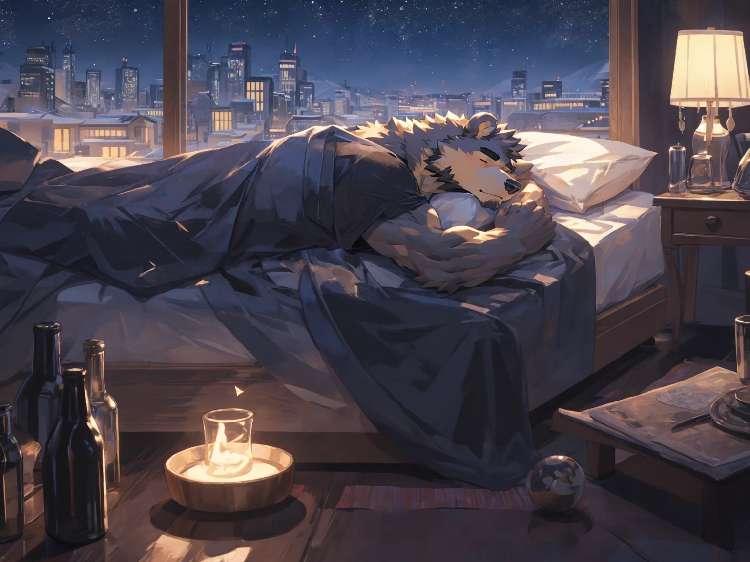 (masterpiece:1.2), best quality,pixiv,official art,perfect ???????, (Ray tracing, light),solo, (1_male:1.3) , (muscle), (grey fur:1.4), (muscle bear), (beard:1.2), (gleaming golden eyes), bear tail, Thick black eyebrows,(black bathrobe), (naked inside), jeans, barefoot, A  skyline at night, with twinkling stars and a bright Milky Way. character is sleeping in the bed with a blanket
