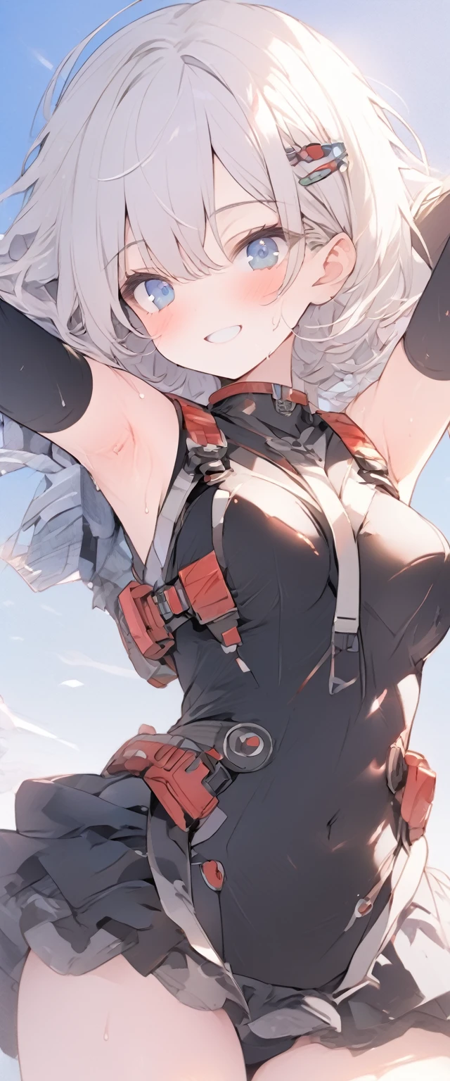 beautiful, masterpiece, Highest quality, anime, One girl, C Cup,Portrait Shot, View your viewers, Covered、Short Hair、nearby、Blue Eyes、art、、White hair,Blue streaked hair、hairpin、Cute smile、Thighs、Cute、blue sky、Beautiful breasts、Full Harness、valley、Sweat、Under Harness、Body Harness、Tightening、Penetration、Plainer_Sci-fi combat uniform、Plainer_Sci-fi underskirt、hole in the chest、navel、Lying on your back、Armpit
