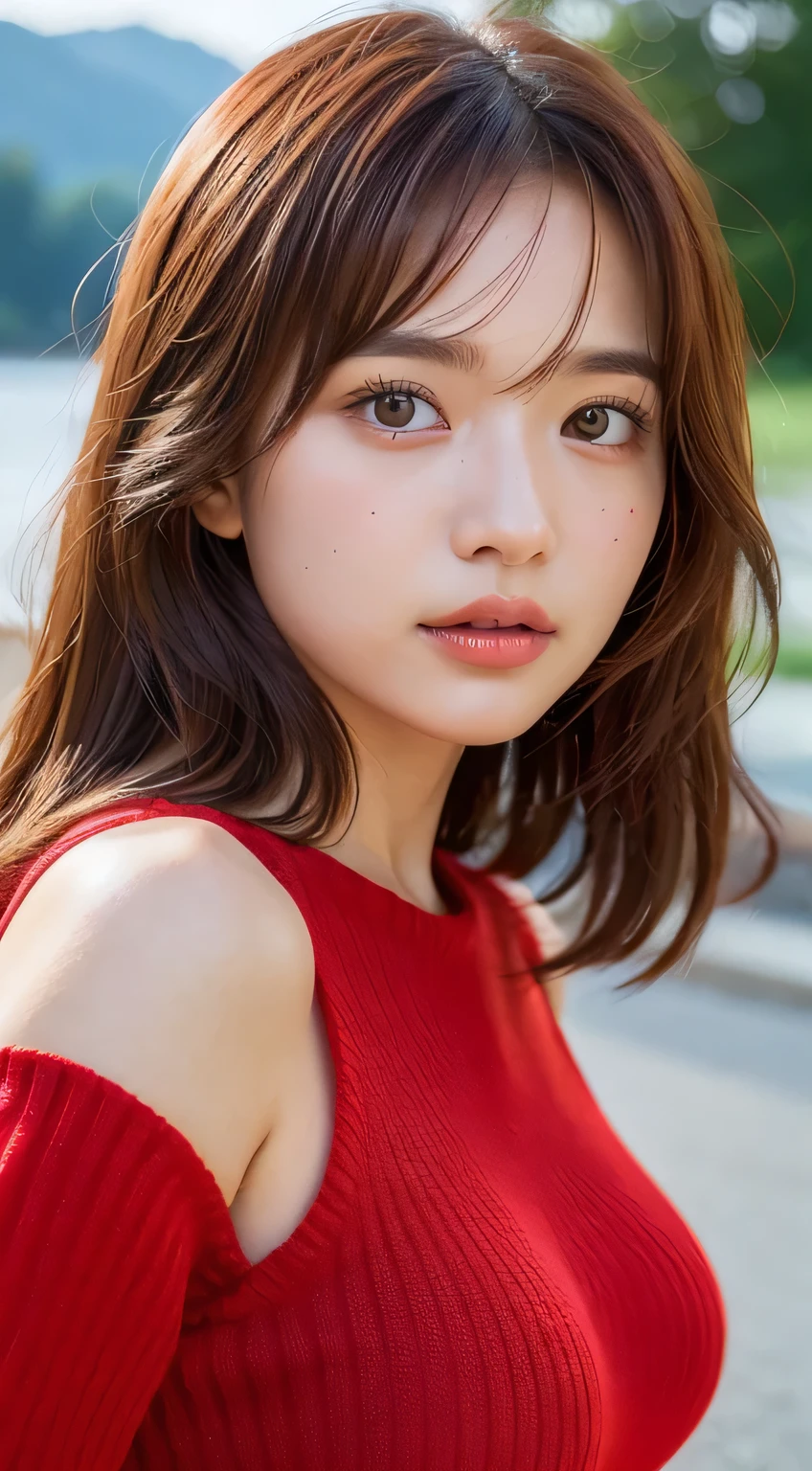 masterpiece, 1 beautiful girl, Detailed eyes, Puffy eyes, highest quality, 超A High resolution, (Realistic : 1.4), Cinema Lighting, Japanese, Asian Beauty, Super Beauty, Beautiful Skin, Slender, Body facing forward, (超Realisticな), (High resolution), (8k), (High resolution), (Beautiful and detailed eyes), (Super detailed), (wallpaper)、Detailed face, Bright lighting, Professional Lighting, View Art, Look straight ahead, (The costume is a red knit dress), Long Hair, My hair is messy, Asymmetrical bangs, Night Scenery, Brown Hair, Japan is an idol, Korean Idols, Gravure idol pose, 23 years old, expensive, smile, Flower park scenery at dusk, (Random body direction),
