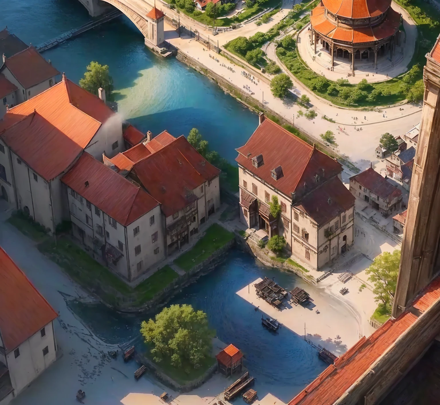 Realism画风，Magic风格，A town, There is a river next to it，Sun exposure，Real shadows，roof，Magic，Realism，Medieval architecture，Lots of details, Real photos of the town, Concept Art,The art of math,Clean background, Delicate shine, The art of math,  Best quality，Perfect details