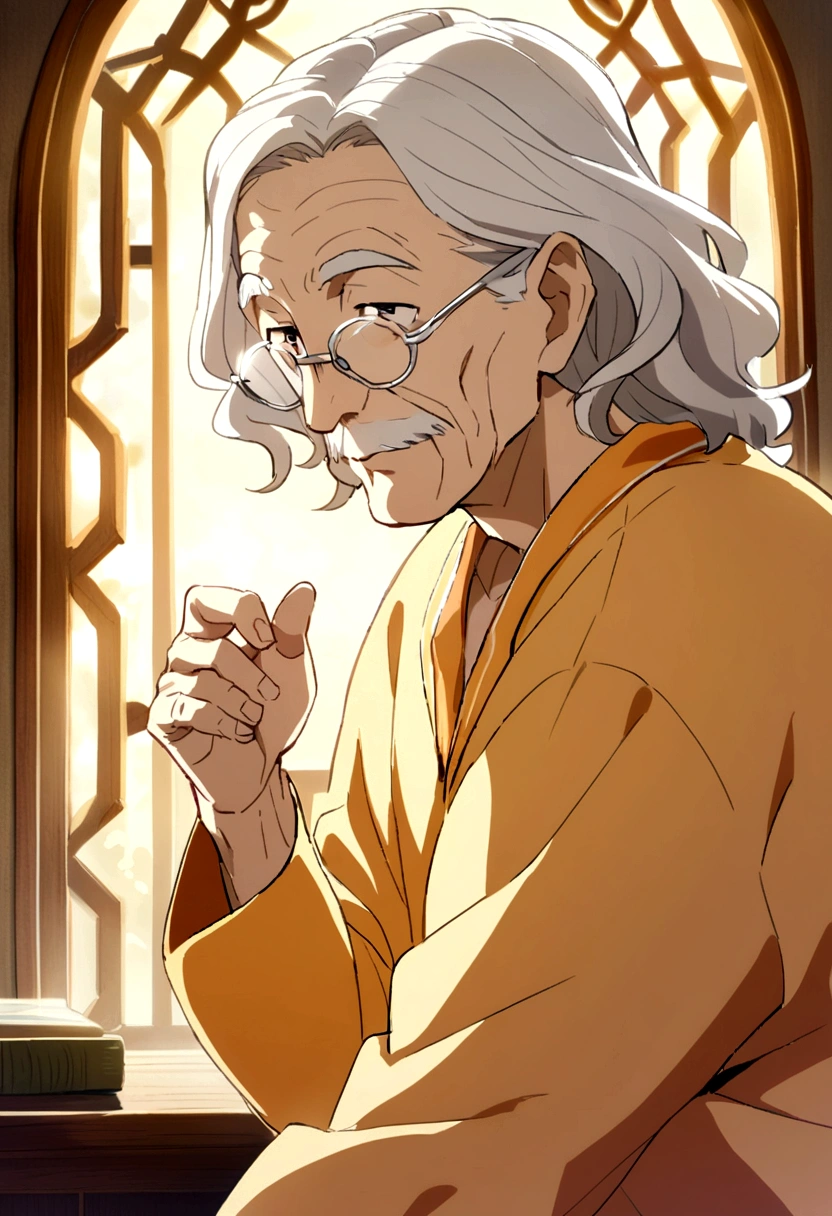 anime, Friendly wrinkled old man, Wavy white hair, wearing light orange pajamas, Wearing silver glasses, wise, considerate.
