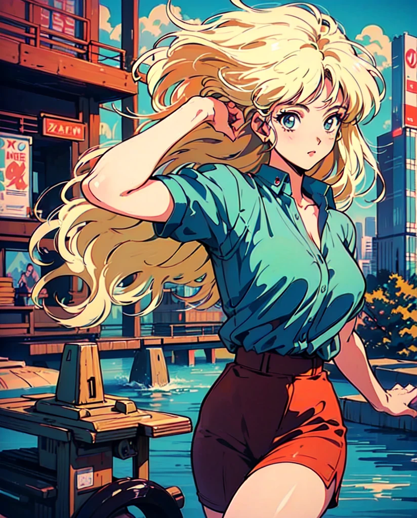 (80's, retro, city pop poster:1.5), (album cover), (masterpiece, best quality), (anime, illustration),
best photo pose, dynamic angle, cowboy shot,
girl, solo, 80 anime style, 19 year old Russian girl, blonde girl, shoulder height hair, Bangs, Smoking a cigarette, Wearing a white button-down shirt, short sleeves , and a red skirt, Warzone, Green eyes, large breasts, wide hips, perfect detail eyes, delicate face, blue eyes, blonde hair,