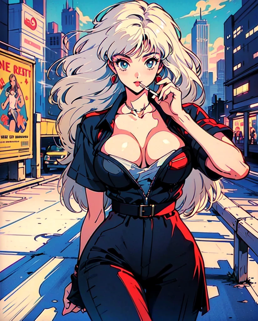 (80's, retro, city pop poster:1.5), (album cover), (masterpiece, best quality), (anime, illustration),
best photo pose, dynamic angle, cowboy shot,
girl, solo, 80 anime style, 19 year old Russian girl, blonde girl, shoulder height hair, Bangs, Smoking a cigarette, Wearing a white button-down shirt, short sleeves , and a red skirt, Warzone, Green eyes, large breasts, wide hips, perfect detail eyes, delicate face, blue eyes, blonde hair,