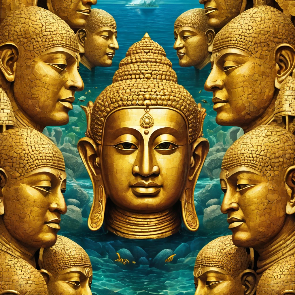 (Tafah, Best quality:1.2), Superior detail, Cinema lighting, Human development report, clarification, Giant stone heads like a habitat in the middle of the sea, Colorful, Monks in procession, puzzle, Very detailed, High contrast, Composition of the golden ratio, Epic show, Tafah,