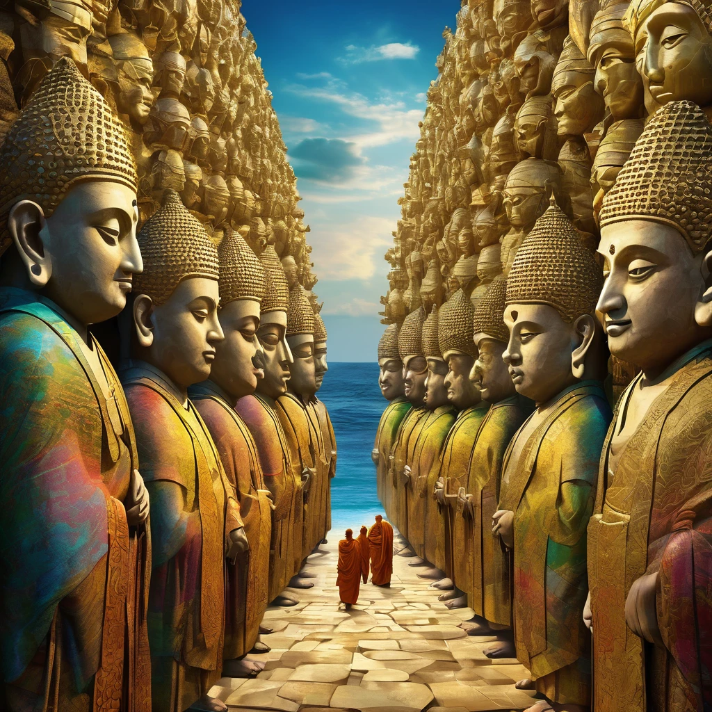 (Tafah, Best quality:1.2), Superior detail, Cinema lighting, Human development report, clarification, Giant stone heads like a habitat in the middle of the sea, Colorful,  Monks in procession, puzzle, Very detailed, High contrast, Composition of the golden ratio, Epic show, Tafah,