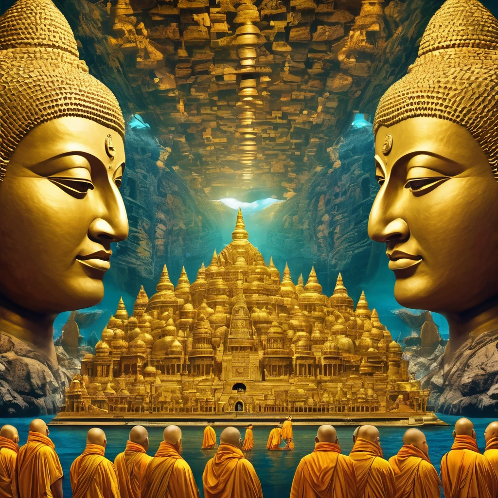 (Tafah, Best quality:1.2), Superior detail, Cinema lighting, Human development report, clarification, Giant stone heads like a habitat in the middle of the sea, Colorful, Monks in procession, puzzle, Very detailed, High contrast, Composition of the golden ratio, Epic show, Tafah,