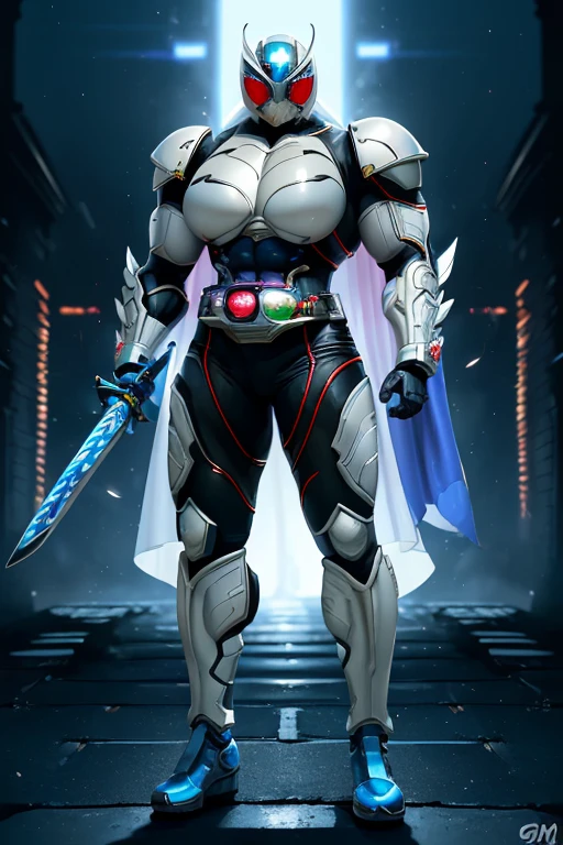 ((((Massive, beautiful, buff, muscular pale white skinned female kamen rider with royal blue hair, black lipstick, ginormous bulky muscles, holding a fire sword katana and wearing a gleaming royal blue kamen rider armored suit with pants)))), {close view}, black eyeliner, massive muscles, large breast, massive biceps, hyper muscle triceps, (long hair), white eyes, kamen rider boots, (In a dilapidated city), (kamen rider armor), (cape), nighttime, closed smile, hyper muscles arms, hyper muscle legs, ginormous arms