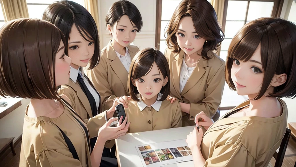 (Highest quality:1.2),、School trip、Commemorative photo、Group photo、(Masterpiece 1:2)Very detailed、 Super detailed, High resolution, Tabletop:1,2, Vibrant colors, Bokeh, Professional Lighting, Physically Based Rendering, Flat Color:0.8, Great illustrations, Realistic:1.37, Shinkai Makoto style, Your name style, Light brown hair, Elegant update, Short Bob, Hairstyles such as chignon、3 people~Seven Young Women, No clothes、Laugh together, Dynamic pose, Selfie, Upper Body