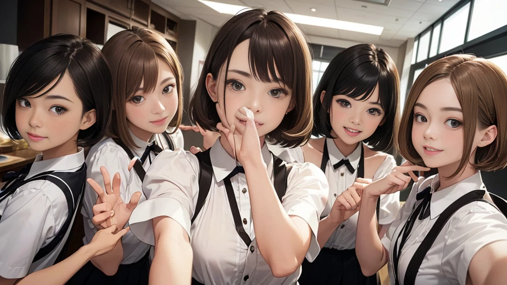 (Highest quality:1.2),、School trip、Commemorative photo、Group photo、(Masterpiece 1:2)Very detailed、 Super detailed, High resolution, Tabletop:1,2, Vibrant colors, Bokeh, Professional Lighting, Physically Based Rendering, Flat Color:0.8, Great illustrations, Realistic:1.37, Shinkai Makoto style, Your name style, Light brown hair, Elegant update, Short Bob, Hairstyles such as chignon、3 people~Seven Young Women, No clothes、Laugh together, Dynamic pose, Selfie, Upper Body