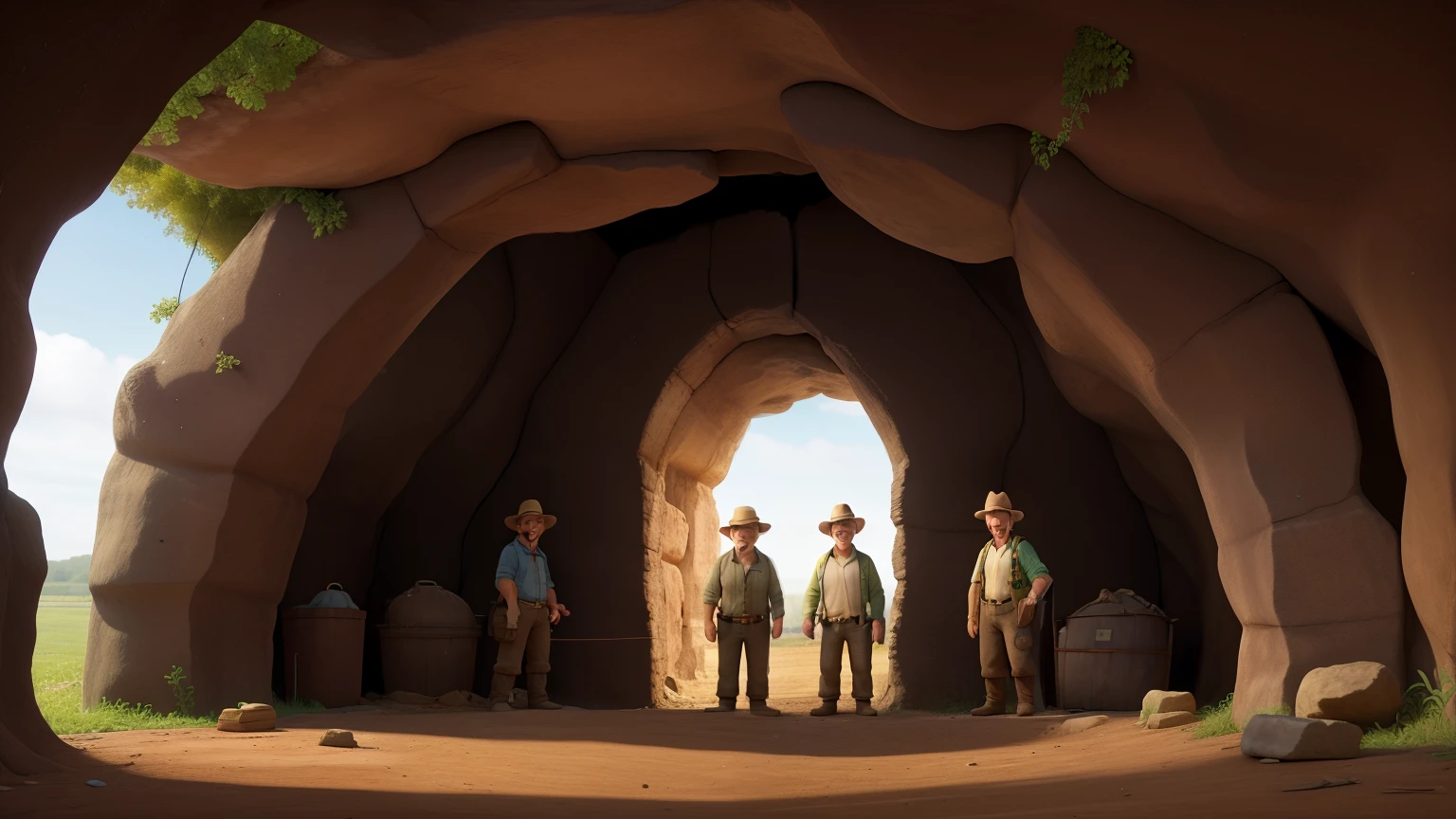 The entrance of an old, dilapidated cave that has been closed for years, with farmer and his friends standing in front of it, make clear facial features details.