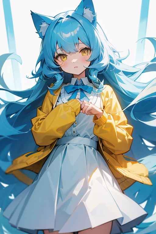 Light blue, slightly long curly hair、Cat ear、Yellow Eyes、White dress shirt-like blouse、Yellow jacket、Light blue skirt、Light blue ribbon on chest、Girl、cute