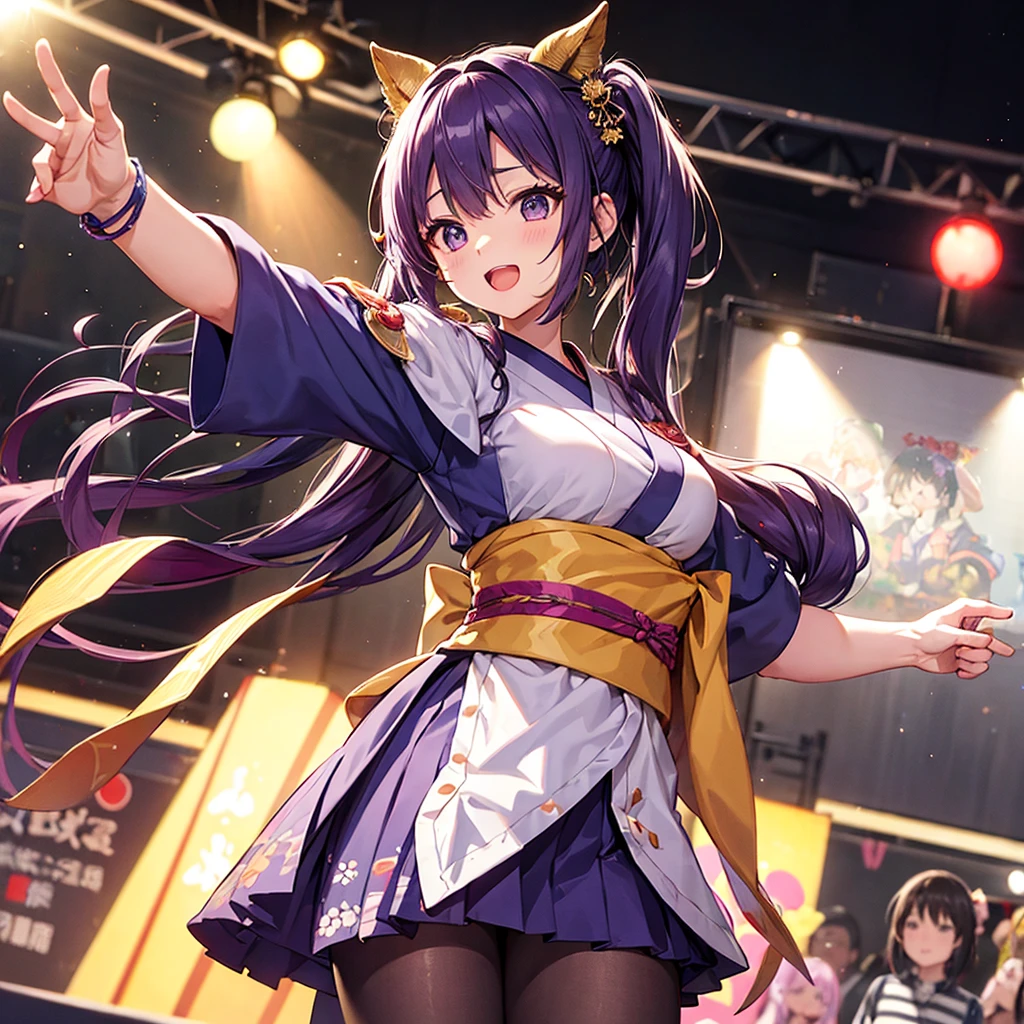 Dynamic young woman、Her vibrant purple hair is styled in twin tails.、Dynamic dancing and singing on stage、In-ear microphone、Wearing a costume that combines elements of traditional kimono and modern idol costumes,、With a fan in each hand、Contemporary influences、Detailed background elements、Lively crowd、Ambient Festival Lights、 Soft warm light、Low-angle camera captures heroic poses、2-point perspective、鮮やかな自然とSpotlightをミックスした照明、Subtle rim lighting、8k rendering、Advanced Texture Techniques、Subtle Motion Blur、Depth of Field Effect、Laser beam、Magic light effect、Spotlight、Impressive realistic anime style