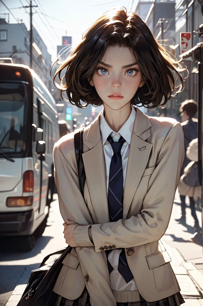 ((perfect anatomy:1.2,realistic:1.3,RAW Photography:1.3,masterpiece、highest quality、Ultra - High resolution、High resolution、Highly detailed CG、8K)),cowboy shot,1 female,solo,18-year-old、High school girl beautiful girl, Japanese,((beautiful detailed face and eyes:1.2,big gorgeous eyes:1.3,)),blonde hair,short hair,(center parted hair:1.4,forehead),large breasts,slender body,small head:1.3,skinny,(brown skin:1.3),(oily skin,gleaming skin,shiny skin,sweat),(school uniform、Dark blue blazer jacket、plaid pleated mini skirt),Shibuya Station、on street,neon、at night、Tokyo、