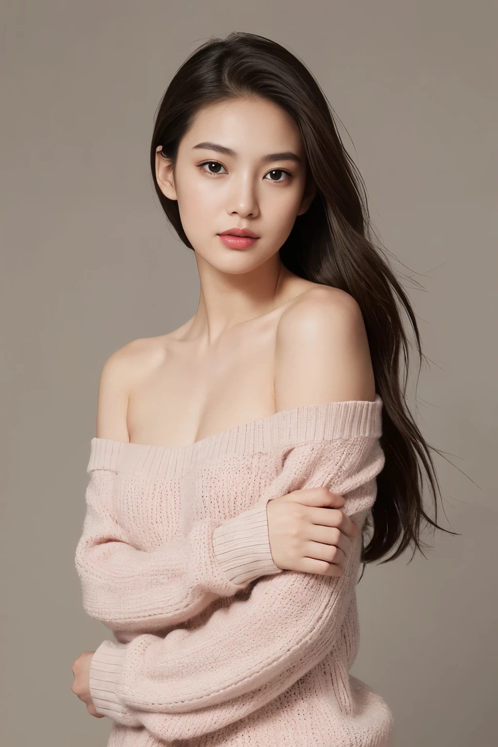(colored picture), Photo realistic of beautiful asian、slender abs, (Highlight Haircutreast A Cup:1.2), small breast, round shape breast, perfect shape breast,(( )), She should have a serene expression, with large, expressive eyes and rosy lips. The woman is wearing an elegant light pink, off-the-shoulder sweater, with a hint of a black strap visible, set against a soft, neutral background that emphasizes her gentle and stylish appearance