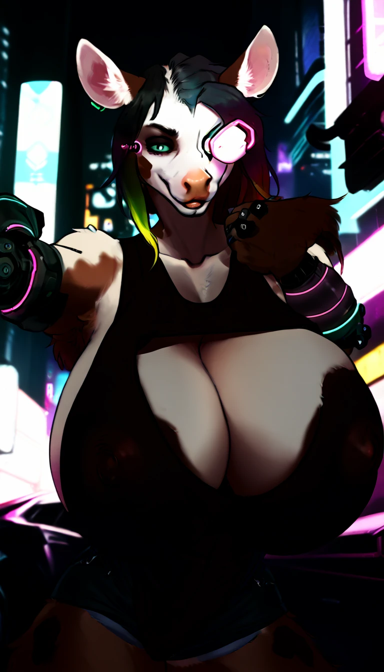 score_9, score_8_up, score_7_up, (cyberpunk buildings, cyberpunk neon signs, cyberpunk cars, cyberpunk-style city on background),
((Cow:1.2), anthro, solo, female, (closeup portrait), (focus on face:1.5), (dancing), (holding, large boobs), ((wearing clothes)), ((have fur)), beautiful, (have cyberpunk augmentations, cyberpunk implants, cyberpunk-style additions:1.5)