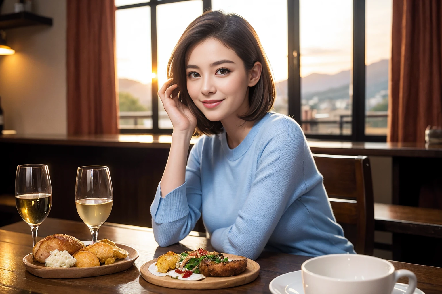 ((Highest quality、8K、masterpiece:1.3))、Sharp focus:1.2、Beautiful woman perfect body:1.4、slimなボディ、((Bob Hale、Straight hair:1.2))、(to be born, Highest quality, masterpiece:1.5), (Realistic, Intricate details:1.2), Ultra-high resolution, Facial Lighting、Amazing view of the sunset sky and clouds、Amazing mountain views、ニコニコ明るいsmile、wine glass、red wine 、Appetizers、Italian food、Wine bottle、Champagne、sparkling wine、, Beautiful Face, blue eyes, The light shines on your face, Blushing, short hair,Bright Face、Fox face、 (36 years old), 39 years old, Lady、Two beauties、Brown Hair、Shortcuts、Long sleeve shirt、dress、Beautiful woman 1, (slimな顔), (The body is slim), (Brown Hair), (Shortcuts), cheeks turn a little red,Attractive beauty、, Out of the window, Beautiful and detailed night view.........., restaurant, In a prominent place (From the waist up) Nova Frog Style, actress, model, Upper Body, White wine, slim, wine glass, 真ん中に置かれたwine glass, smile, (smile: 1.15), Beautiful fine grain, Depth f/2,saturation, High Contrast, Strong light and shadow,Moist Body:1.5、3D texture、Delicate eyes、Brown Hair、The hair is very shiny、