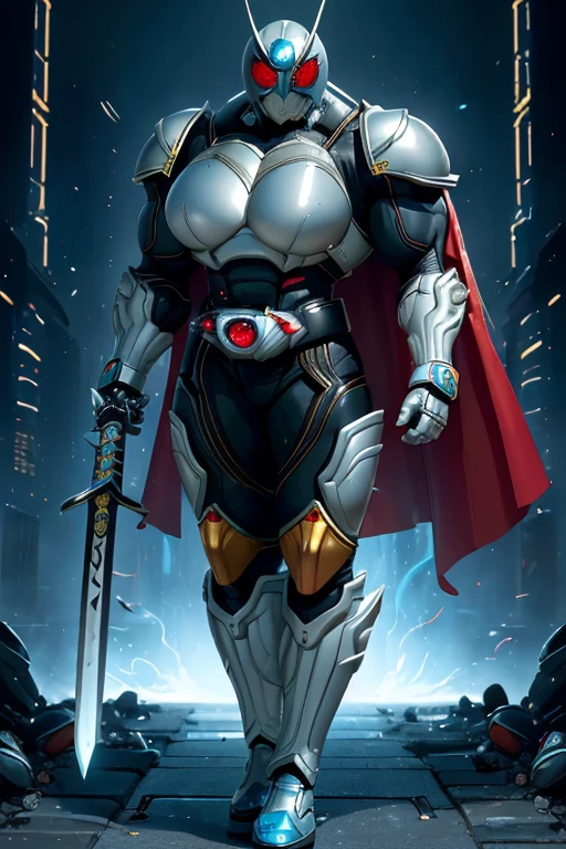 ((((Massive, beautiful, buff, muscular pale white skinned female kamen rider with royal blue hair, black lipstick, ginormous bulky muscles, holding a fire sword katana and wearing a gleaming royal blue kamen rider armored suit with pants)))), {close view}, black eyeliner, massive muscles, large breast, massive biceps, hyper muscle triceps, (long wavy curly hair), white eyes, kamen rider boots, (In a dilapidated city), (kamen rider armor), (cape), nighttime, closed smile, hyper muscles arms, hyper muscle legs, ginormous arms