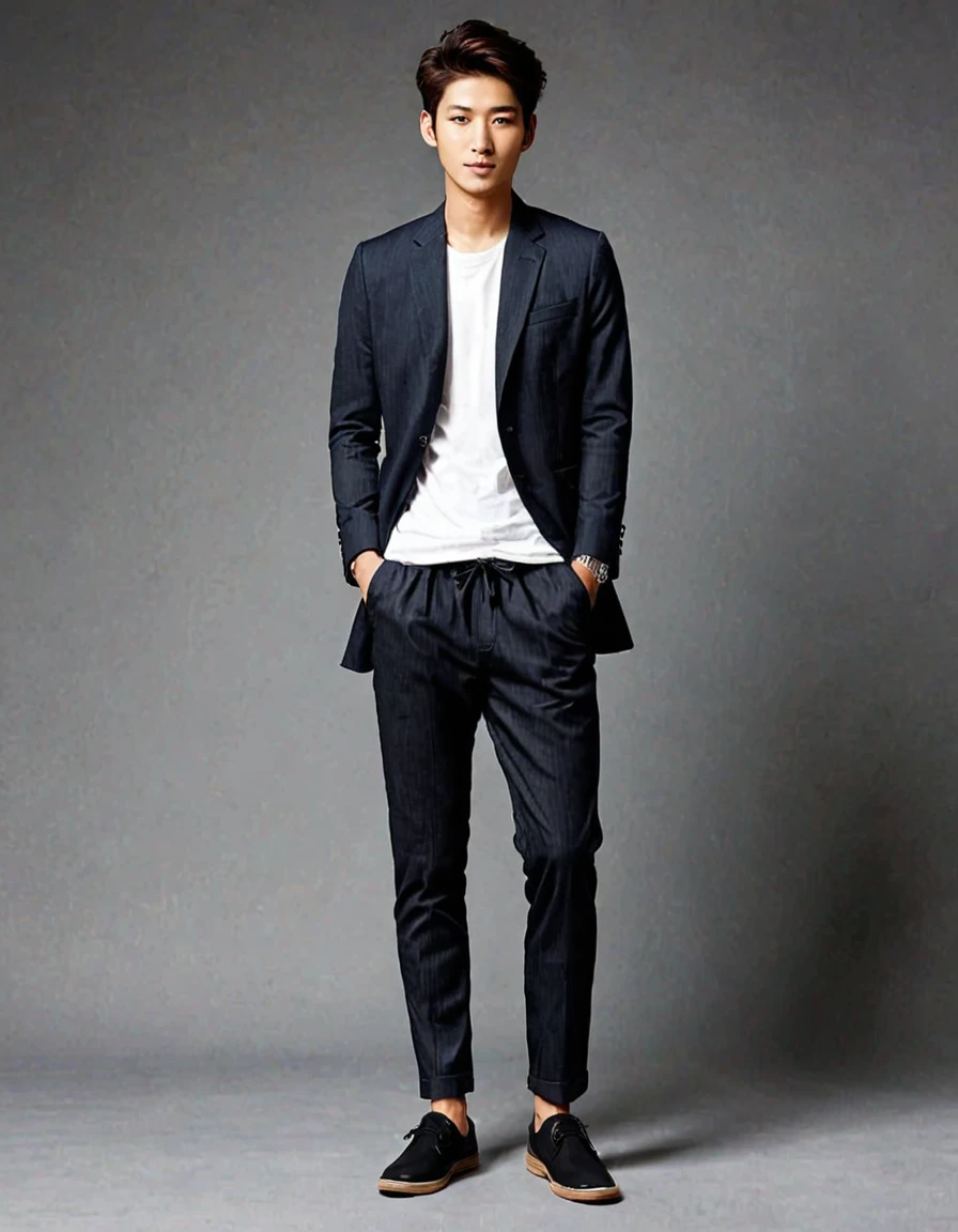 Japanese,Photo,Full body,Simple and stylish fashion,Man,25 years old,Photo RAW portrait,High quality textures, High quality shadows, High detail, Beautiful details, Fine details, Very detailed computer graphics, Detailed textures, Realistic face
