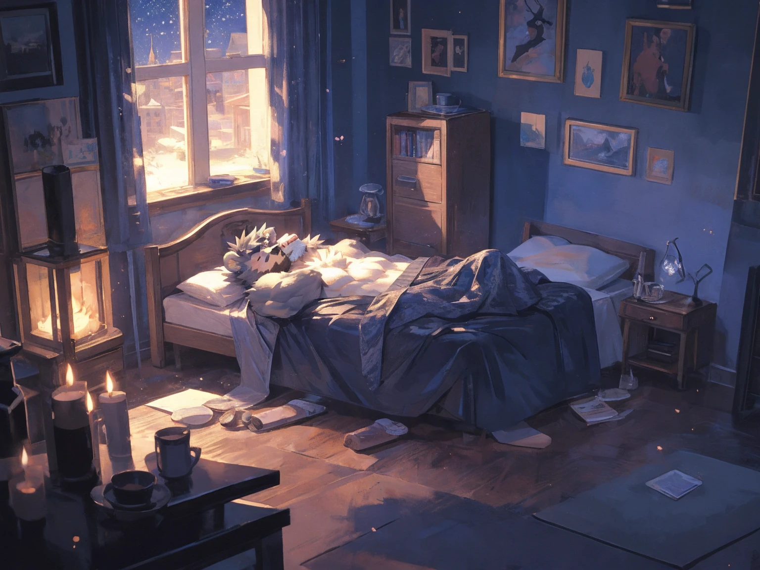 (masterpiece:1.2), best quality,pixiv,official art,perfect anatomy, (Ray tracing, light),solo, (1_male:1.3) , (muscle), (grey fur:1.4), (muscle bear), (beard:1.2), (gleaming golden eyes), bear tail, Thick black eyebrows,(black bathrobe), (naked inside), jeans, barefoot, A skyline at night, with twinkling stars and a bright Milky Way. character is sleeping in the bed with a blanket