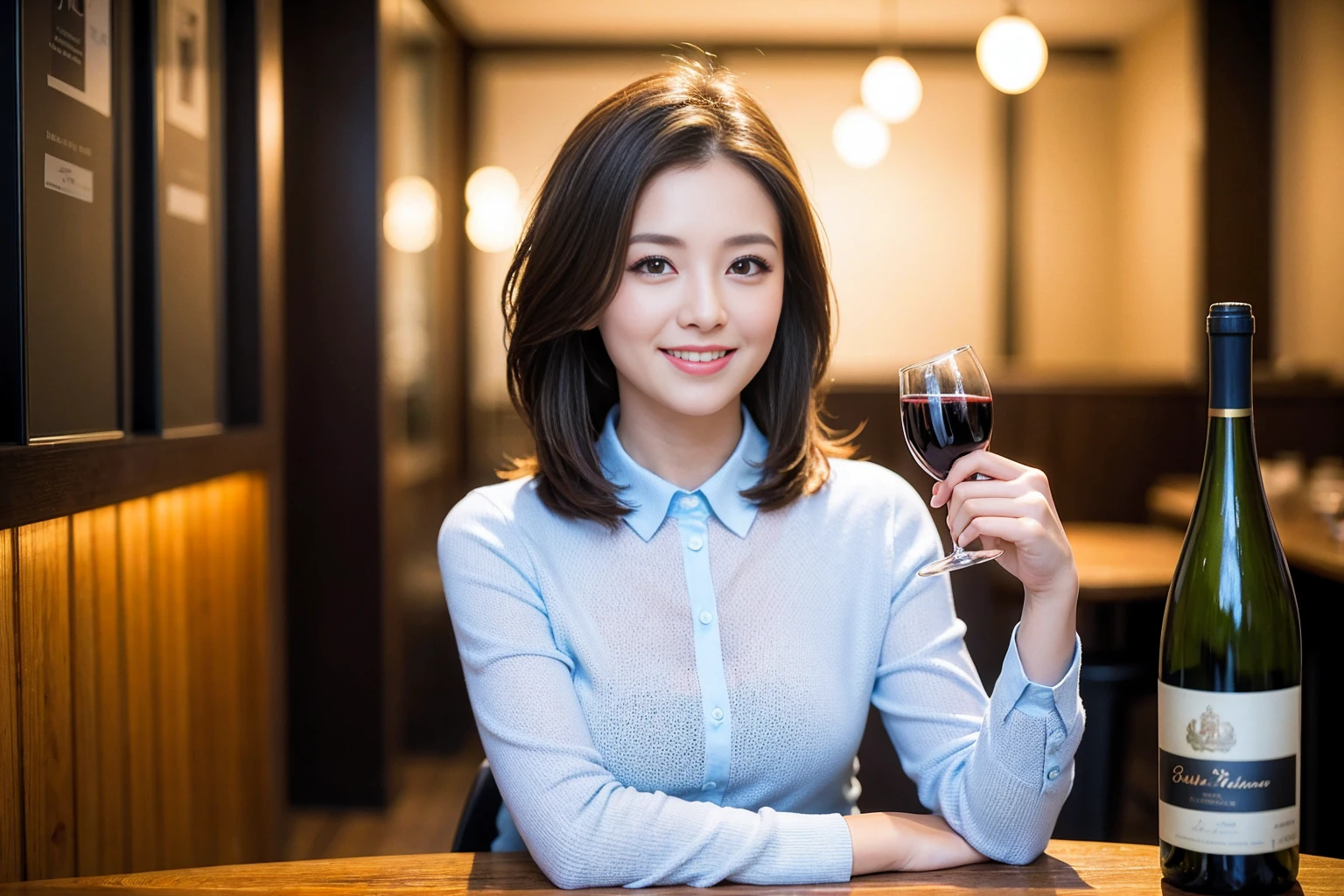 ((Highest quality、8K、masterpiece:1.3))、1 male、1 female、Couple、spouse、石原さとみ似美女Couple、The body is slim、((Bob Hale、Straight hair:1.2)), (Realistic, Intricate details:1.2), テーブルのフルコースディナーとwine glass、Shine light on your face、 Amazing view of the sunset sky and clouds、A bright smile、The wonderfulness of smile、Bright image、The beauty of wine, Beautiful Face, blue eyes, The light shines on your face, Blushing, short hair,Bright Face、 (43 years old), 39 years old, red wine 、Appetizers、Italian food、Wine bottle、Champagne、sparkling wine、Two beauties、Brown Hair、Shortcuts、Long sleeve shirt、dress、Beautiful woman 1, (slimな顔), (The body is slim), (Brown Hair), (Shortcuts), cheeks turn a little red,Attractive beauty、restaurant, In a prominent place (From the waist up) Nova Frog Style, actress, model, Upper Body, White wine, slim, wine glass, 中央に置かれたwine glass, smile, (smile: 1.15), Beautiful fine grain, Depth f/2,saturation, High Contrast, Strong light and shadow,Moist Body:1.5、3D texture、Delicate eyes、Brown Hair、The hair is very shiny、
