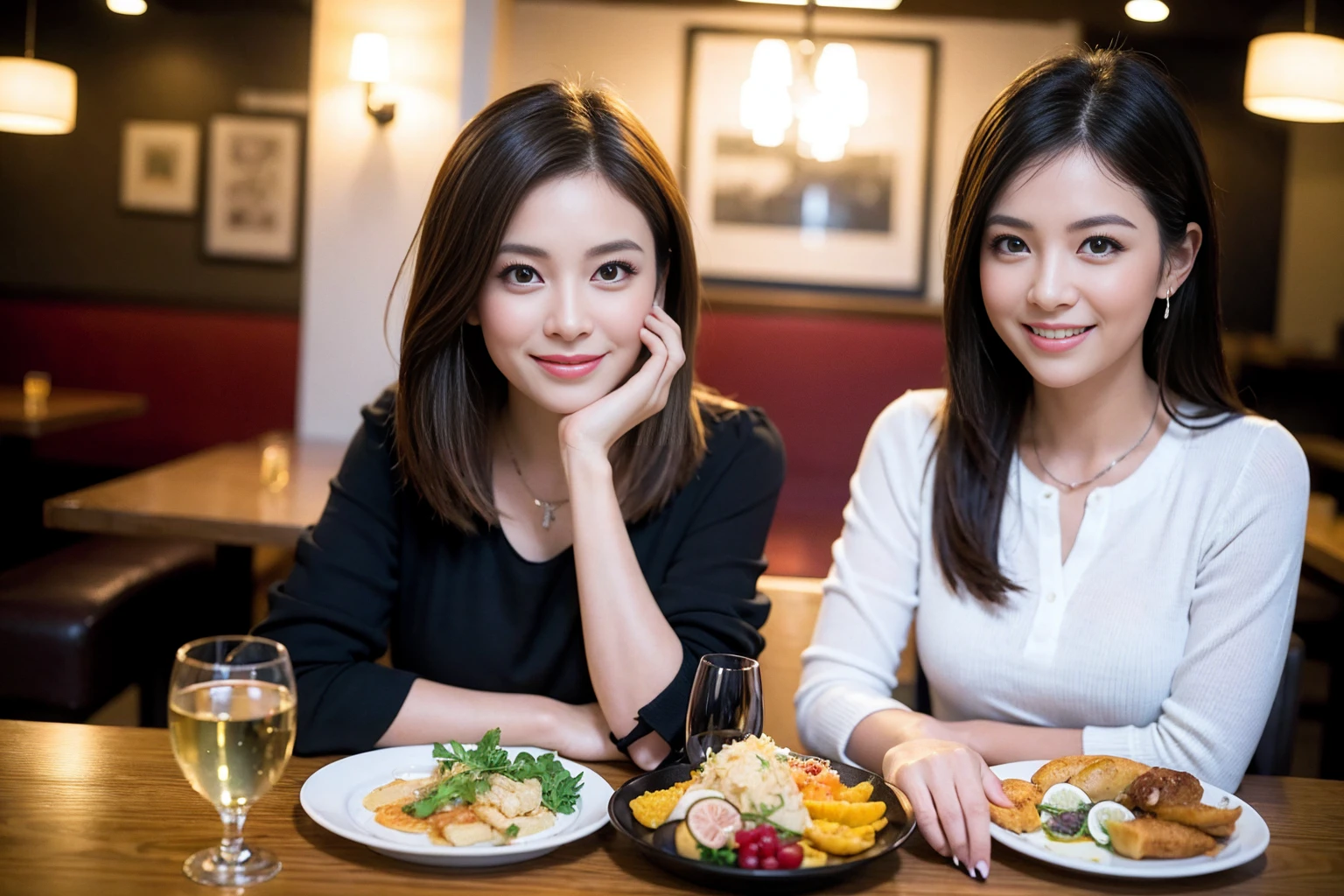 ((Highest quality、8K、masterpiece:1.3))、1 male、1 female、Couple、spouse、石原さとみ似美女Couple、The body is slim、((Bob Hale、Straight hair:1.2)), (Realistic, Intricate details:1.2), テーブルのフルコースディナーとwine glass、Shine light on your face、 Amazing view of the sunset sky and clouds、A bright smile、The wonderfulness of smile、Bright image、The beauty of wine, Beautiful Face, blue eyes, The light shines on your face, Blushing, short hair,Bright Face、 (43 years old), 39 years old, red wine 、Appetizers、Italian food、Wine bottle、Champagne、sparkling wine、Two beauties、Brown Hair、Shortcuts、Long sleeve shirt、dress、Beautiful woman 1, (slimな顔), (The body is slim), (Brown Hair), (Shortcuts), cheeks turn a little red,Attractive beauty、restaurant, In a prominent place (From the waist up) Nova Frog Style, actress, model, Upper Body, White wine, slim, wine glass, 中央に置かれたwine glass, smile, (smile: 1.15), Beautiful fine grain, Depth f/2,saturation, High Contrast, Strong light and shadow,Moist Body:1.5、3D texture、Delicate eyes、Brown Hair、The hair is very shiny、