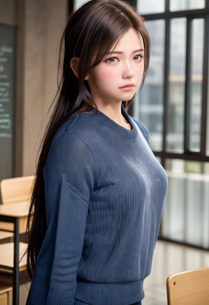 8K, of the highest quality, masutepiece:1.2), (Realistic, Photorealsitic:1.37), of the highest quality, masutepiece, Beautiful young woman, Pensive expression, Thoughtful look, female doctor teacher, Hair tied back, Messy mood, Cinematic background, Tired, Light skin tone