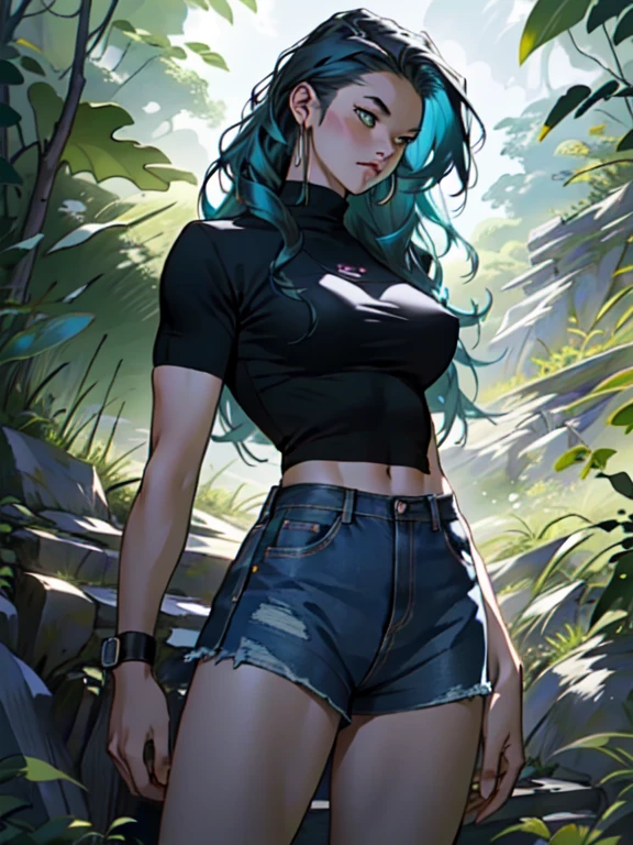 ((Best quality)), ((masterpiece)), ((realistic)), ((beautiful female martial artist)), (milf:1.3), (arrogant woman:1.4) standing tall, her slender form glistening in the golden rays of a summer sunrise. Her eyes, a captivating shade of emerald, pierce through the tranquility of the morning. Her fiery blue hair cascades, contrasting with the vibrant green of the surrounding foliage. With each step, her muscular thighs and perfect muscular long legs portray a sense of power and grace. The tranquil scene unfolds, capturing a moment of raw beauty and confidence on eye level, scenic, masterpiece, (bare torso:1.1), abs, (female focus:1.5), very muscular ripped body, ultra sharp, (sexual suggestive)), (Denim shorts:1.1), very thin waist, huge hips, (nordic girl:1.3)