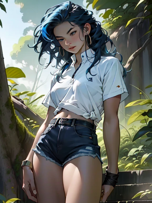 ((Best quality)), ((masterpiece)), ((realistic)), ((beautiful female martial artist)), (milf:1.3), (arrogant woman:1.4) standing tall, her slender form glistening in the golden rays of a summer sunrise. Her eyes, a captivating shade of emerald, pierce through the tranquility of the morning. Her fiery blue hair cascades, contrasting with the vibrant green of the surrounding foliage. With each step, her muscular thighs and perfect muscular long legs portray a sense of power and grace. The tranquil scene unfolds, capturing a moment of raw beauty and confidence on eye level, scenic, masterpiece, (bare torso:1.1), abs, (female focus:1.5), very muscular ripped body, ultra sharp, (sexual suggestive)), (Denim shorts:1.1), very thin waist, huge hips, (nordic girl:1.3)