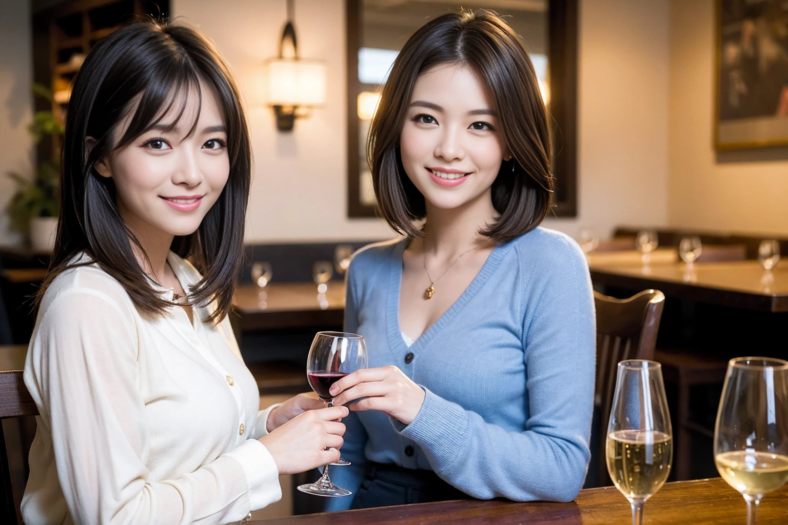 ((Highest quality、8K、masterpiece:1.3))、1 male、1 female、石原さとみ似美女Couple、spouse、Couple、The body is slim、((Bob Hale、Straight hair:1.2)), (Realistic, Intricate details:1.2), テーブルの上のwine glass、Put the light on your face、 Amazing view of the sunset sky and clouds、Amazing mountain views、A bright smile、The wonderfulness of smile、Bright image、The beauty of wine, Beautiful Face, blue eyes, The light shines on your face, Blushing, short hair,Bright Face、 (Age 37), 39 years old, red wine 、Appetizers、Italian food、Wine bottle、Champagne、sparkling wine、Two beauties、Brown Hair、Shortcuts、Long sleeve shirt、dress、Beautiful woman 1, (slimな顔), (The body is slim), (Brown Hair), (Shortcuts), cheeks turn a little red,Attractive beauty、restaurant, In a prominent place (From the waist up) Nova Frog Style, actress, model, Upper Body, White wine, slim, wine glass, 中央に置かれたwine glass, smile, (smile: 1.15), Beautiful fine grain, Depth f/2,saturation, High Contrast, Strong light and shadow,Moist Body:1.5、3D texture、Delicate eyes、Brown Hair、The hair is very shiny、