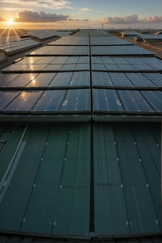 Photovoltaic solar panels on sunset sky background, green clean energy concept background.