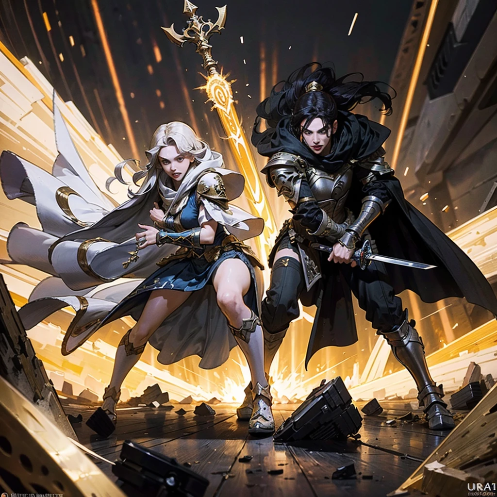 Yvraine, an elegant and formidable Aeldari warrior, dressed in her rune-adorned robe, wielding the sword Kha-vir, surrounded by a luminous and ethereal aura. Beside her, the Visarch, a towering warrior in ceremite armor, brandishing his cruel sword Asu-var, in a protective and battle-ready stance. The scene is set on a futuristic battlefield, with debris and flashes of dark and bright energy around. The image should be in 4K resolution and highly detailed, exquisite and mature manga art style, high definition, best quality, highres, ultra-detailed, ultra-fine painting, extremely delicate, professional, anatomically correct, symmetrical face, extremely detailed eyes and face, high quality eyes, creativity, RAW photo, UHD, 8k, Natural light, cinematic lighting, masterpiece-anatomy-perfect, masterpiece:1.5