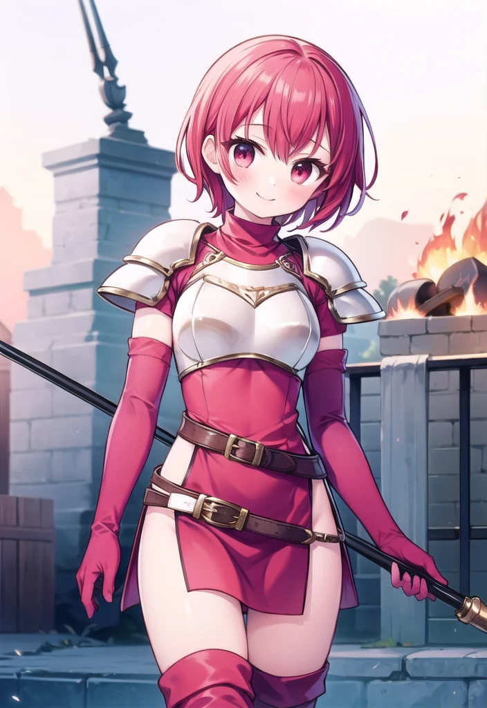 1girl, masterpiece, best quality, perfect hands, red hair, short hair, est fe, dress, red elbow gloves, belt, armor, red thigh boots, short dress, side slit, breastplate, white headband, pegasus knight uniform \(fire emblem\), smile, spear, blush
