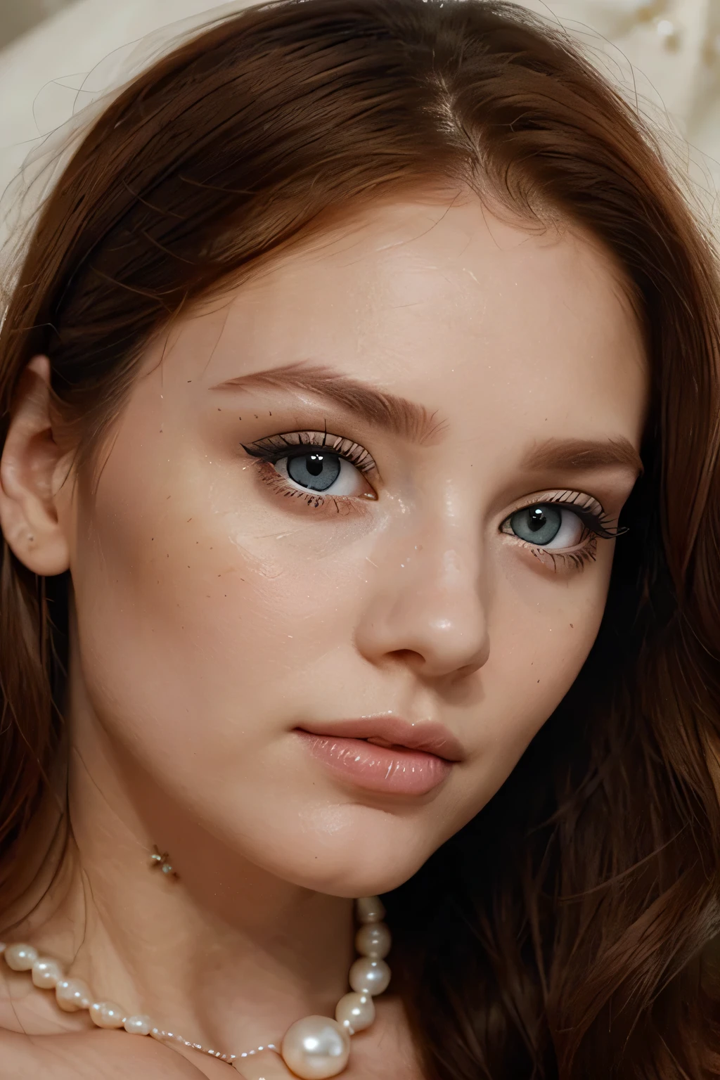 A very close-up of a woman's face with minimal make-up, with special eyeliner drawn behind her eyelids, a natural flower near her cheek, and a strand of pearls on her forehead, with loose auburn hair and blue eyes. It is gentle and there is a wreath on his cheek and neck.