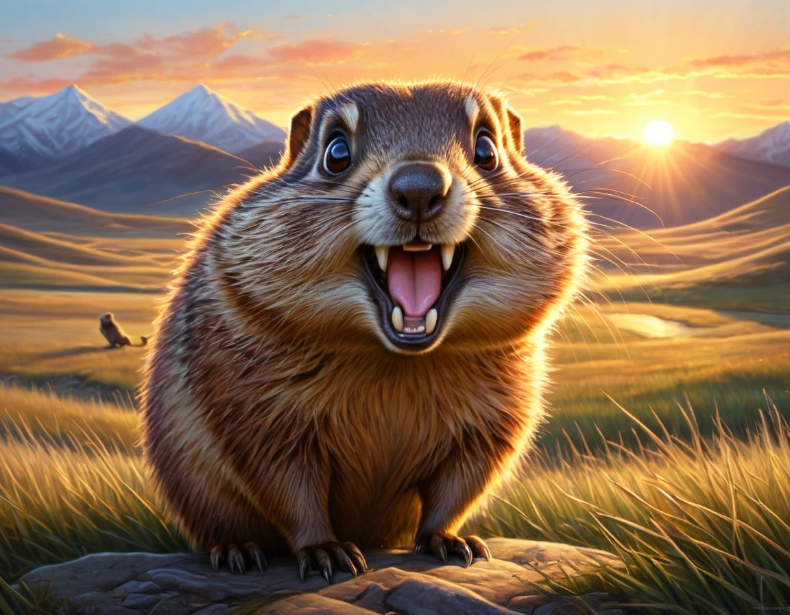 High Resolution, High Quality , Masterpiece. Sunrise. Color pencil sketch inspired by Tiago Hoisel and Skottie Young, Mongolian girl with exaggerated features exclaiming at a comically enlarged groundhog, both exhibiting oversized mouths and teeth, the girl with wide, expressive eyes, set against the serene backdrop of the Mongolian steppe at sunrise, invoking a sense of joy and laughter, vivid colors, golden hour lighting, highly detailed, UHD drawing.
