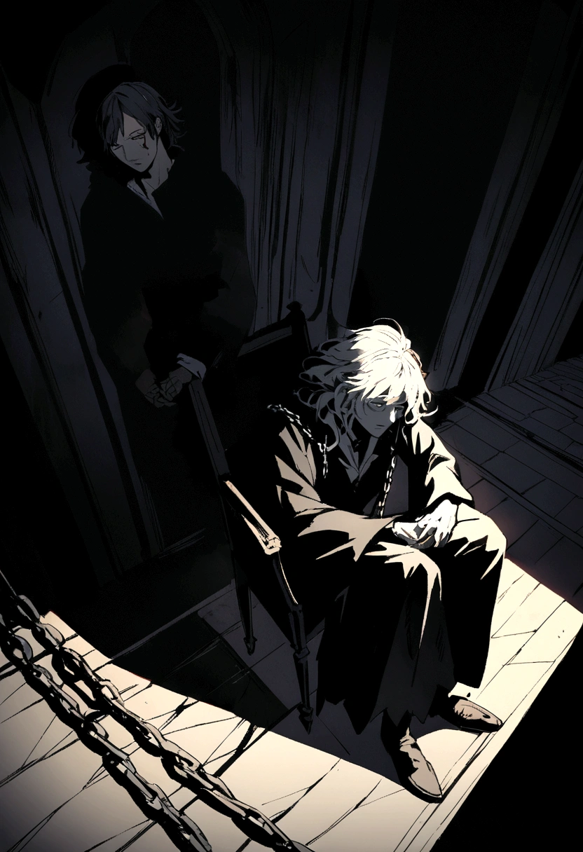 a young, injured and chained sirius black, sitting on a chair in the great hall of hogwarts castle, detailed face, beautiful eyes, disheveled hair, chains on wrists, tattered clothes, dramatic lighting, cinematic angle, moody, dark fantasy, dramatic shadows, high contrast, muted colors