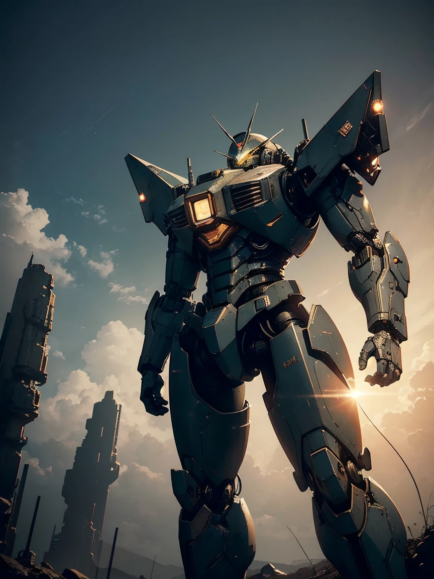 ((masterpiece, highly detailed, vintage comic)), mecha aesthetic, robotic man looking into sky, desolate planet, Create an image of a mecha person in a vintage comic/anime style. The mecha should be detailed with intricate mechanical parts and humanoid features. Use a soft lighting setup with rim lighting to highlight the edges of the mecha, creating a dynamic glow around it. Apply desaturated colors to give the image a faded, nostalgic feel, and incorporate sepia tones for an antique effect. Add a grainy texture to mimic old film and use vignetting to focus attention on the mecha. The overall color scheme should be matte with muted tones, capturing the essence of vintage comic aesthetics