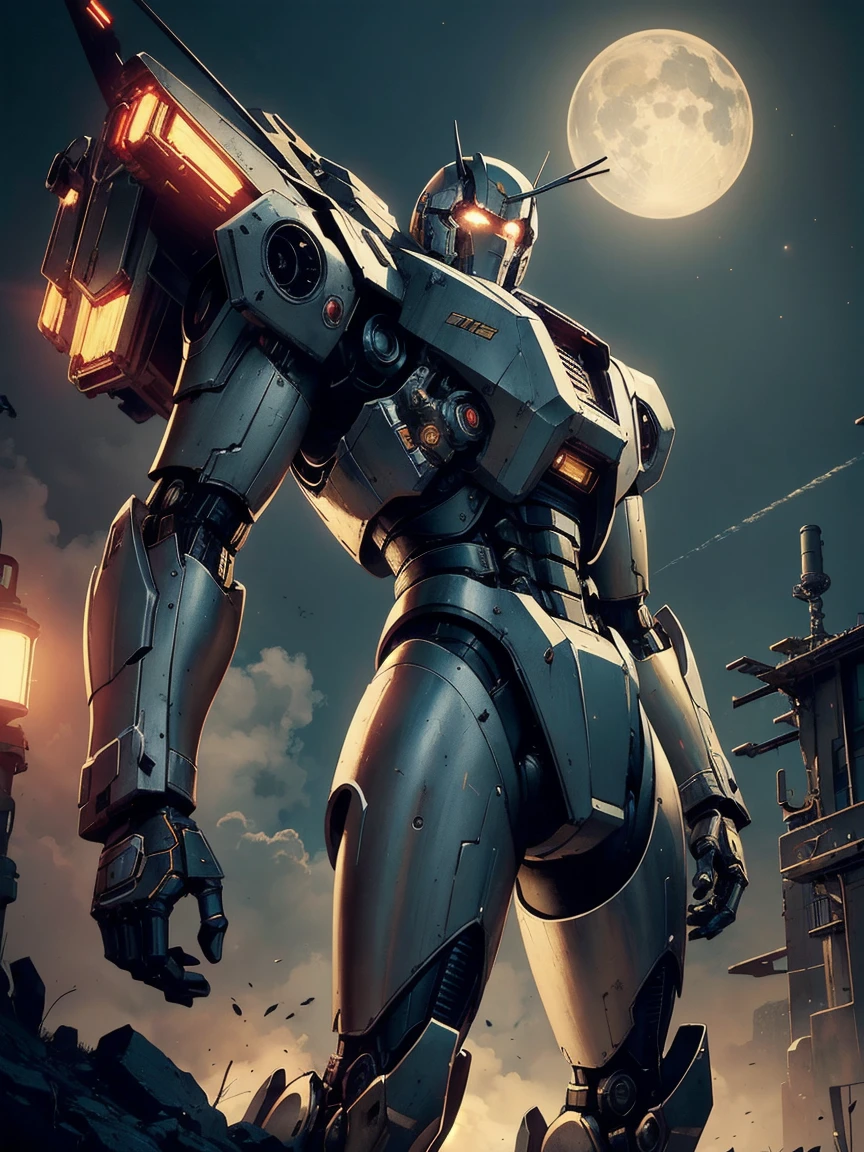 ((masterpiece, highly detailed, vintage comic)), mecha aesthetic, robotic man looking into sky, desolate planet, Create an image of a mecha person in a vintage comic/anime style. The mecha should be detailed with intricate mechanical parts and humanoid features. Use a soft lighting setup with rim lighting to highlight the edges of the mecha, creating a dynamic glow around it. Apply desaturated colors to give the image a faded, nostalgic feel, and incorporate sepia tones for an antique effect. Add a grainy texture to mimic old film and use vignetting to focus attention on the mecha. The overall color scheme should be matte with muted tones, capturing the essence of vintage comic aesthetics