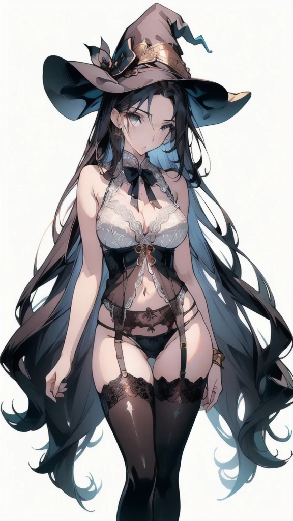 ((masterpiece, best quality)), Delicate face,Witch,Witch帽,whole body,Long legs,Large Breasts,Gradient long wavy hair,Perfect body proportions,Pretty golden eyes,Extremely beautiful,transparent, Pure white background,Erotic_lingerie,sexly_比基尼,Lace,Garter stockings