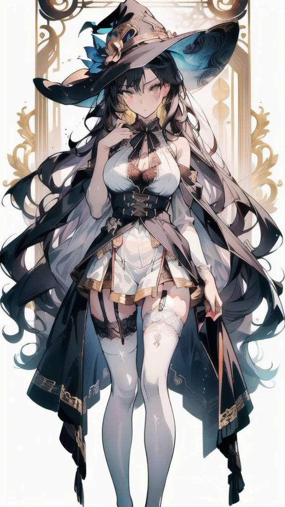 ((masterpiece, best quality)), Delicate face,Witch,Witch帽,whole body,Long legs,Large Breasts,Gradient long wavy hair,Perfect body proportions,Pretty golden eyes,Extremely beautiful,transparent, Pure white background,Erotic_lingerie,sexly_比基尼,Lace,Garter stockings