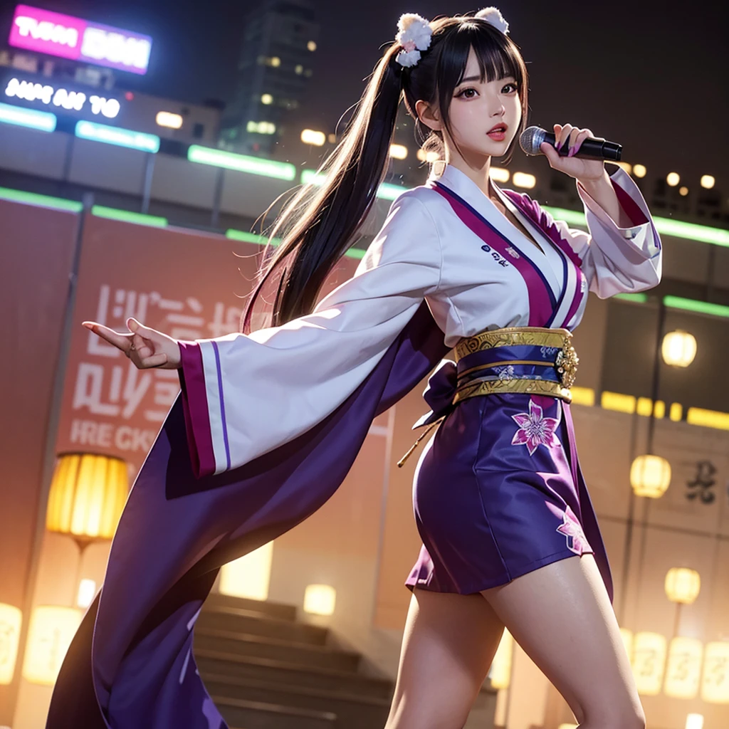 Dynamic young woman、Her vibrant purple hair is styled in twin tails.、Dynamic dancing and singing on stage、In-ear microphone、Wearing a costume that combines elements of traditional kimono and modern idol costumes,、With a fan in each hand、Contemporary influences、Detailed background elements、Lively crowd、Ambient Festival Lights、 Soft warm light、Low-angle camera captures heroic poses、2-point perspective、鮮やかな自然とSpotlightをミックスした照明、Subtle rim lighting、8k rendering、Advanced Texture Techniques、Subtle Motion Blur、Depth of Field Effect、Laser beam、Magic light effect、Spotlight、Impressive realistic anime style