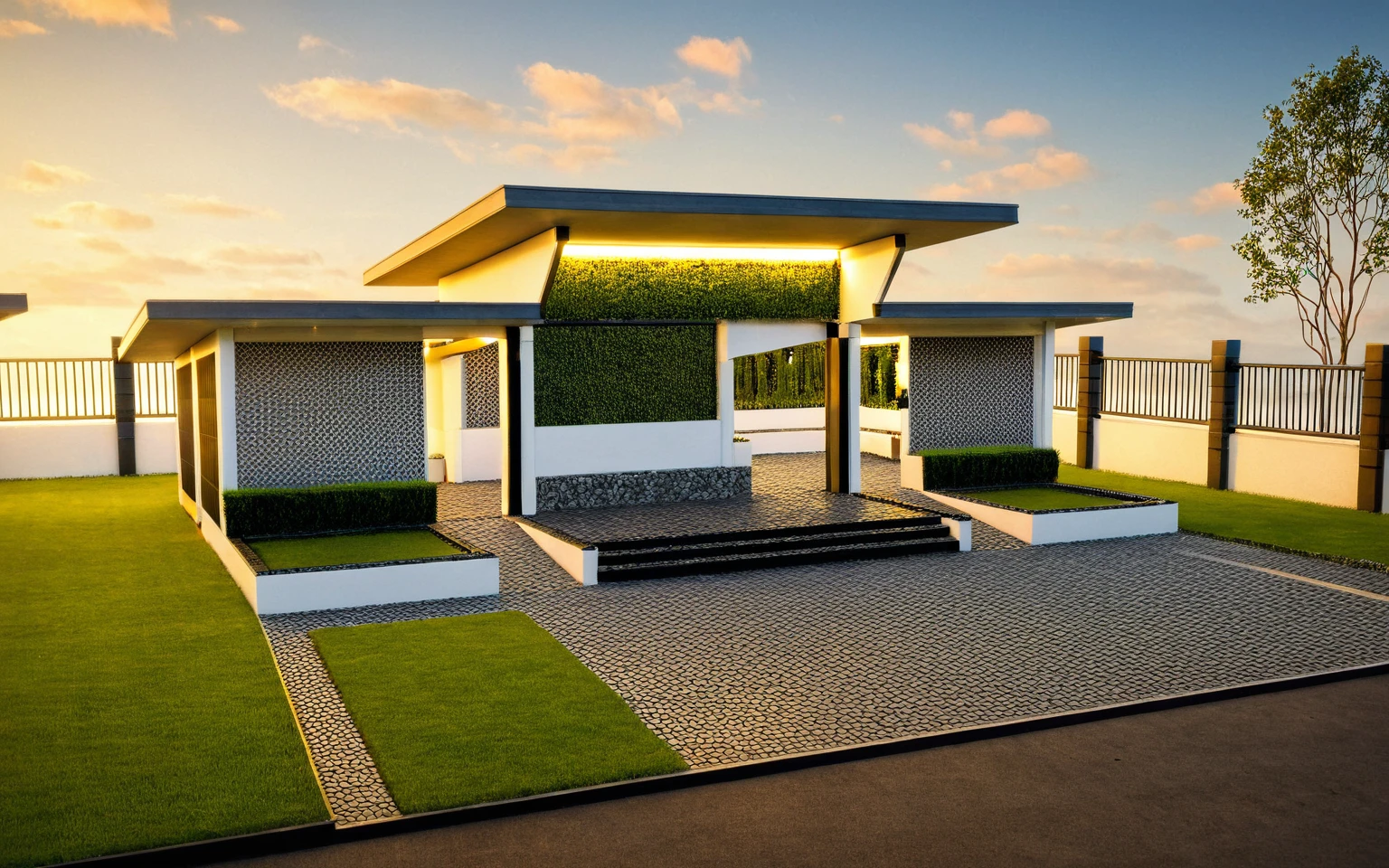 Masterpiece, high quality, best quality, authentic, super detail, outdoors, huts style neoclassic, bietthuhn, black steel,  white wall, gate road, pavement, grass, trees, blue sky, sunset, cloud, (day:1.1), realistic lighting