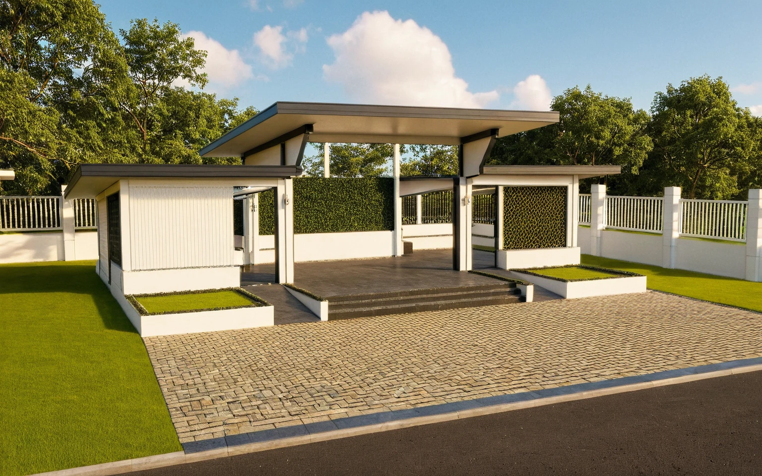 Masterpiece, high quality, best quality, authentic, super detail, outdoors, huts style neoclassic, bietthuhn, black steel, white wall, gate road, pavement, grass, trees, blue sky, sunset, cloud, (day:1.1), realistic lighting